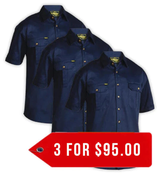 Bisley Original Cotton Drill Shirt - Short Sleeve-3 Pack-(BS1433-1)