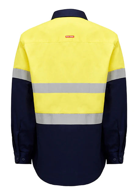 Hard Yakka Hi Vis L/Slv H/Weight Closed Front 2 Tone Cotton Drill Shirt W/Tape (Y04615)
